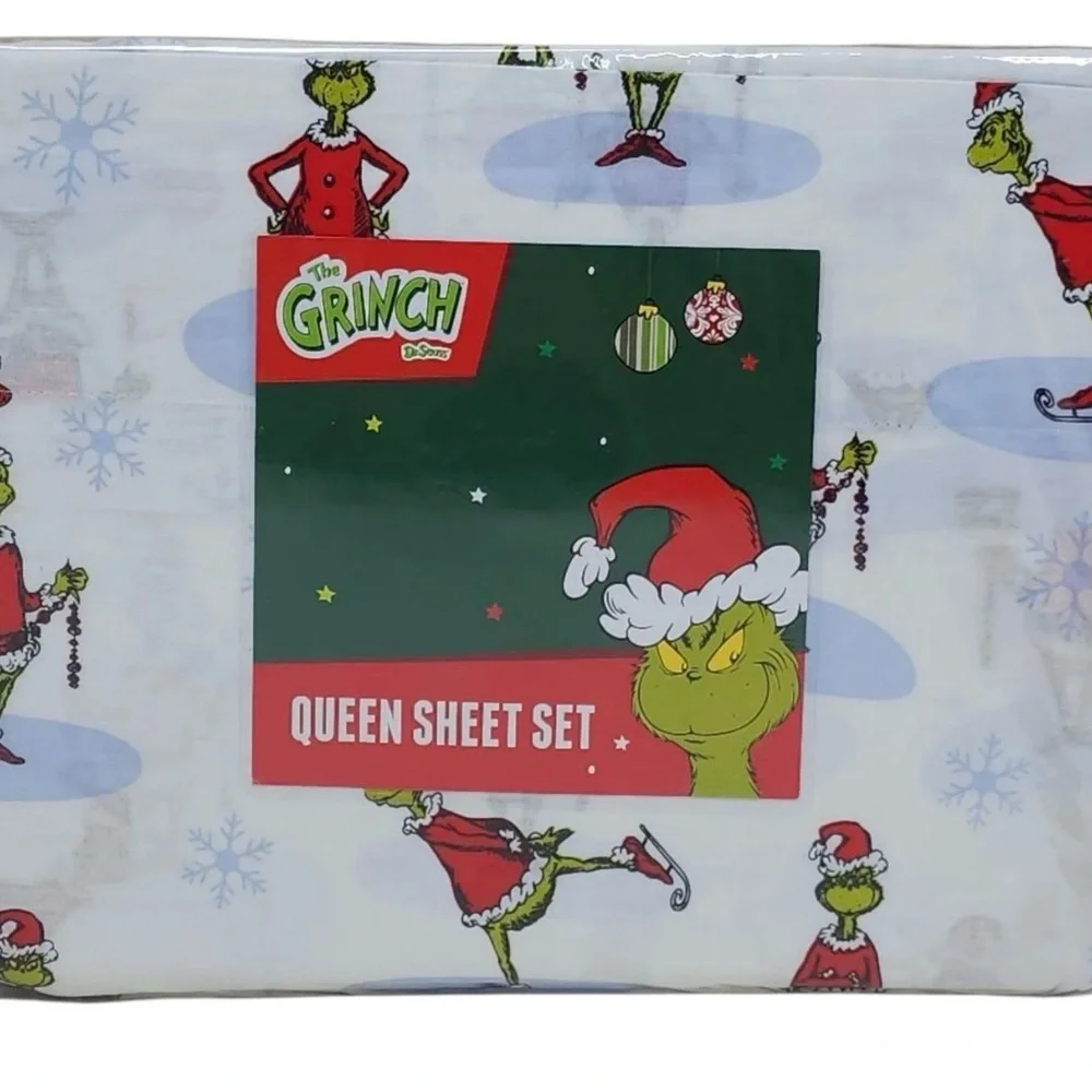 Dr. Seuss THE GRINCH CHRISTMAS Queen Size Cotton Sheet Set Soft New in Package